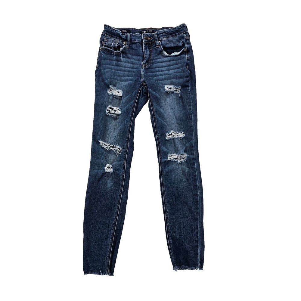 VIGOSS Super Skinny Marley Medium Wash Raw Hem Denim Jeans Sz 26 Womens Mid Rise